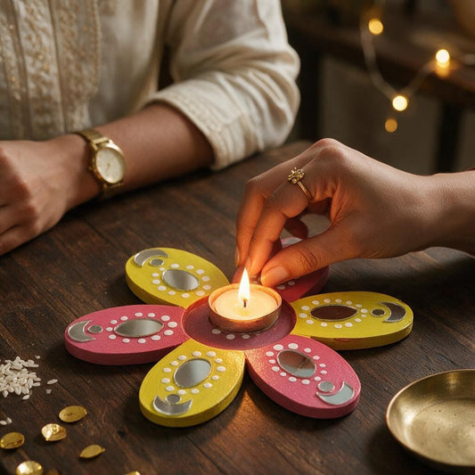 Flower Shaped Tealight Holder - Hand-Painted with Mirror Work, Diwali Decor, Table & Pooja Decoration, Diwali Gift (Set of 2), Orange & Yellow