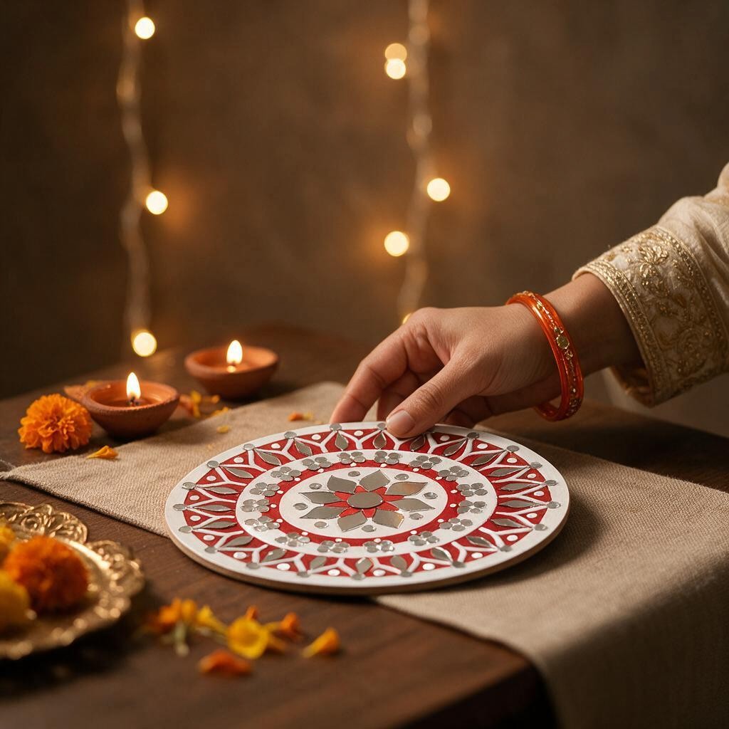Hand-Painted MDF Tealight Coaster with Mirror Work | Diwali Decor | 6 inch | Design 6