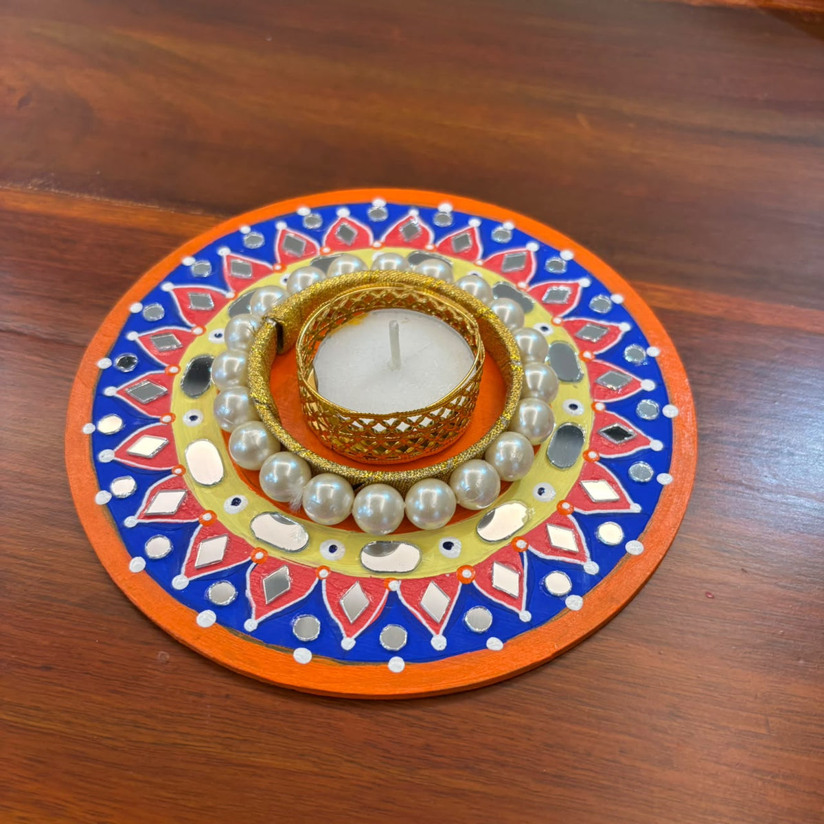 Hand-painted Round Tealight Holder with Mirror Work & Pearl Ring | Diwali Decor | Red & Blue