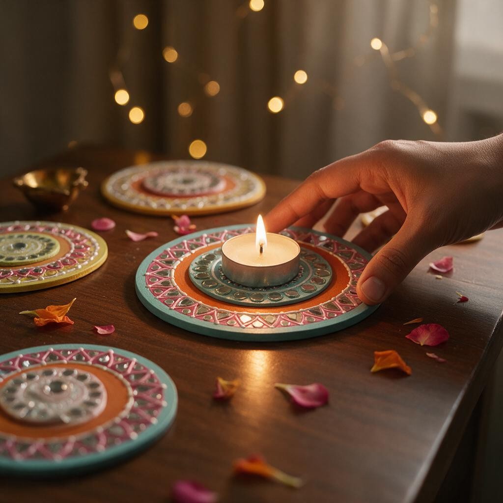 Hand-Painted 2-Layered MDF Tealight Coaster with Mirror Work | Diwali Decor | 6 inch | Design 4