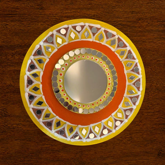 Hand-Painted 2-Layered MDF Tealight Coaster 6 Inch with Mirror Work - Diwali Decor, Diya Stand & Diwali Gift