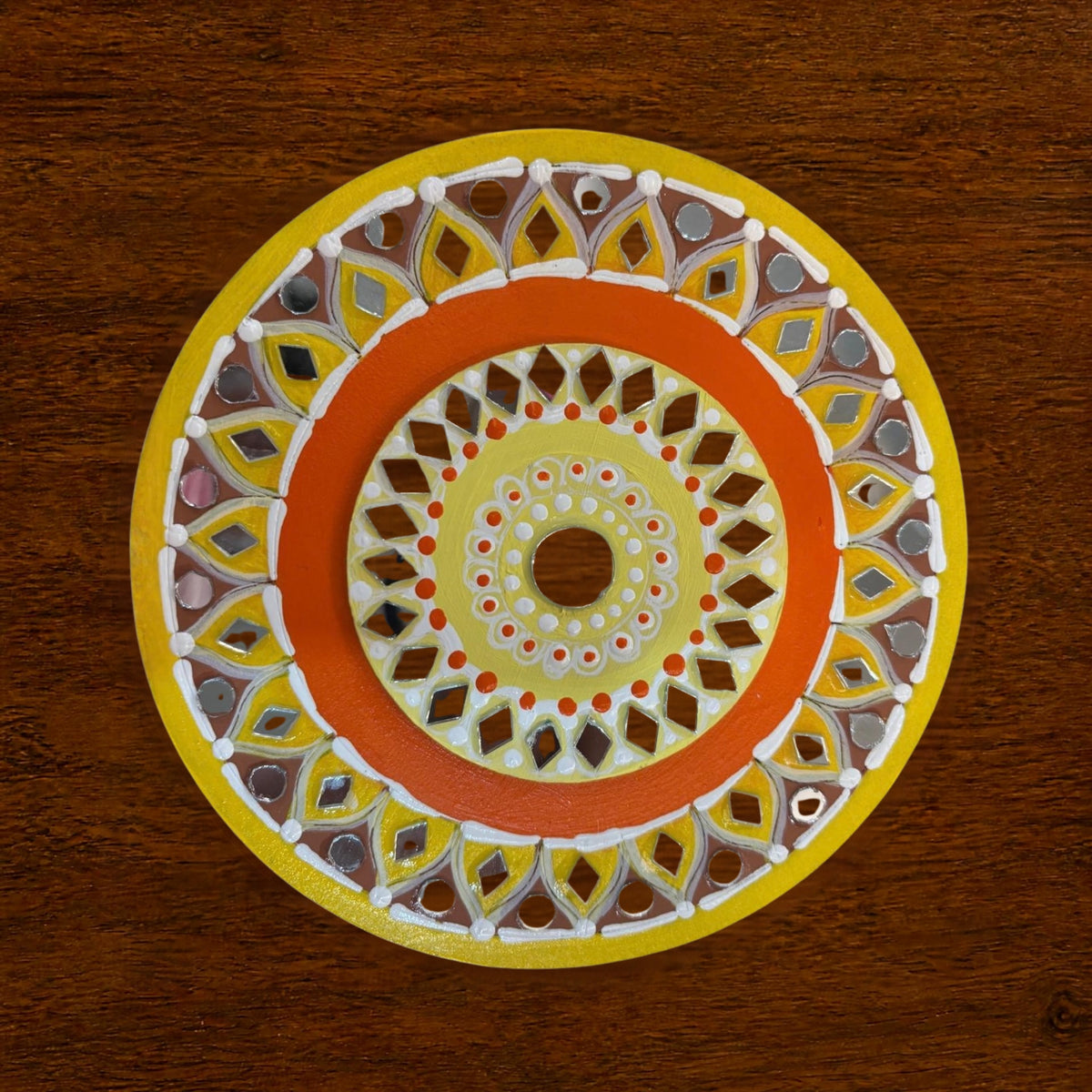 Hand-Painted 2-Layered MDF Tealight Coaster with Mirror Work | Diwali Decor | 6 inch | Design 11