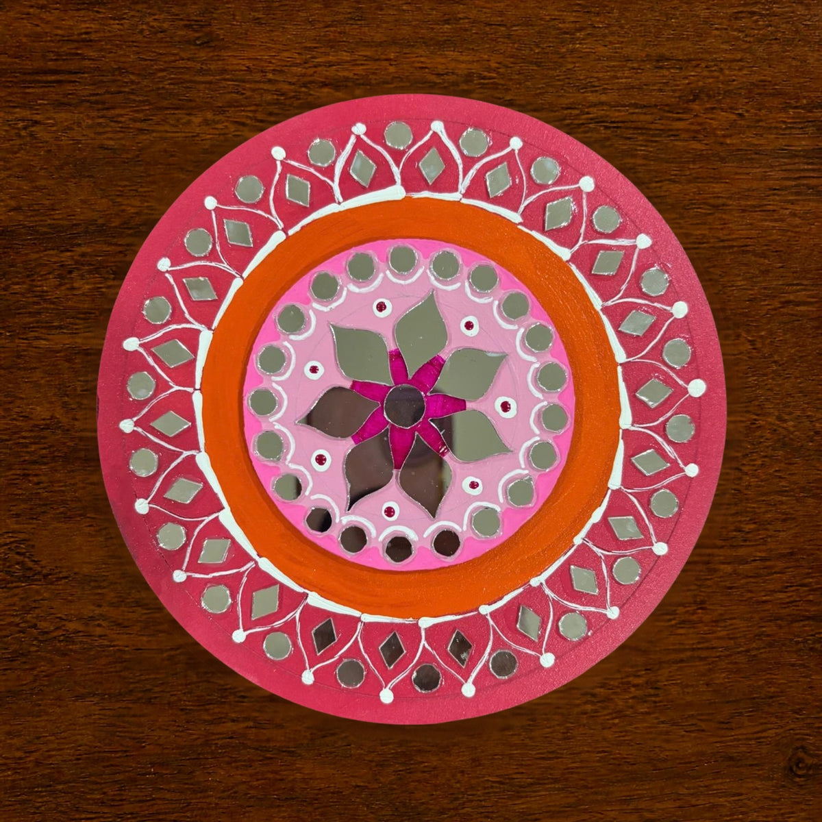 Hand-Painted 2-Layered MDF Tealight Coaster with Mirror Work | Diwali Decor | 6 inch | Design 6