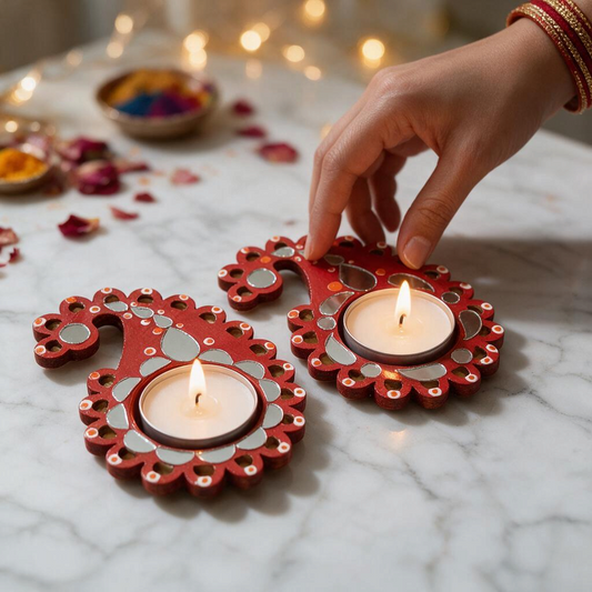Paisley Shaped Tealight Holder - Hand-Painted with Mirror Work, Diwali Decor, Table & Pooja Decoration, Diwali Gift (Set of 2)
