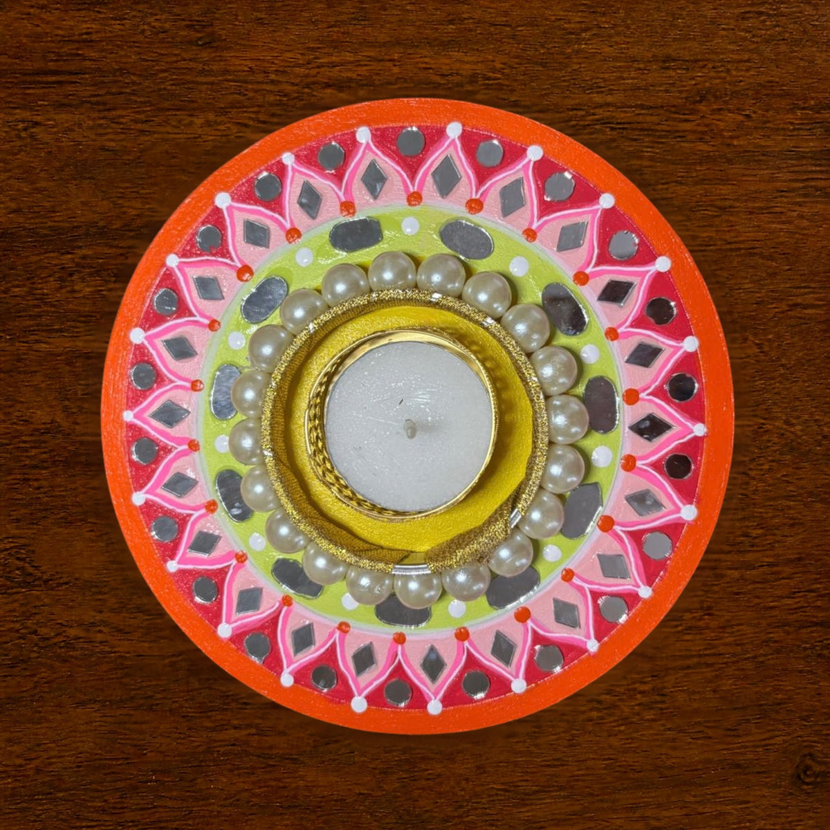 Hand-painted Round Tealight Holder with Mirror Work & Pearl Ring | Diwali Decor | Pink & Yellow