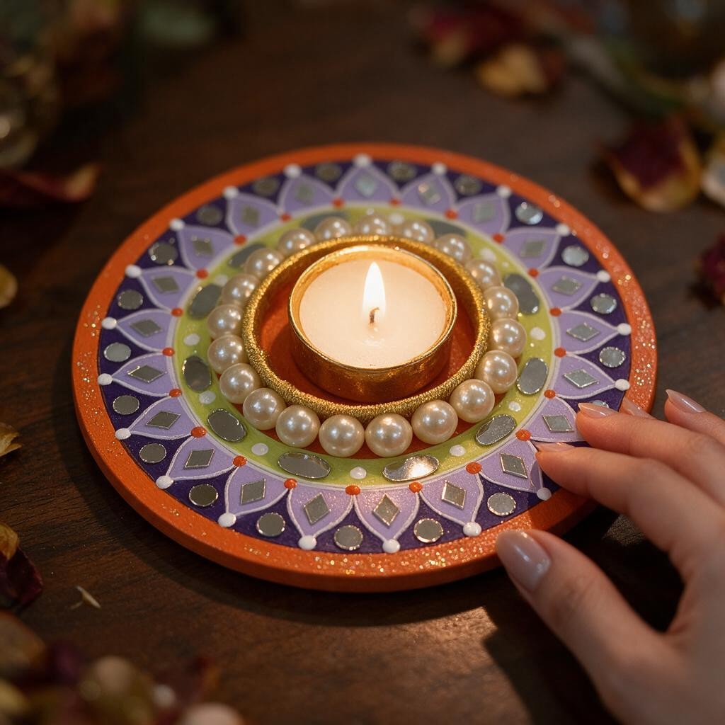 Diwali Tealight Holder Round 6 Inch | Hand-Painted with Mirror Work & Pearl Ring | Festive Home Decor, Diwali Decor, Pooja & Gifting