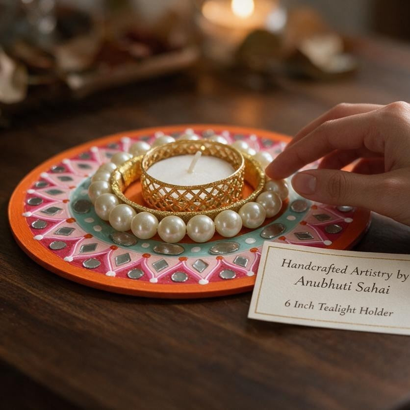 Diwali Tealight Holder Round 6 Inch | Hand-Painted with Mirror Work & Pearl Ring | Festive Home Decor, Diwali Decor, Pooja & Gifting