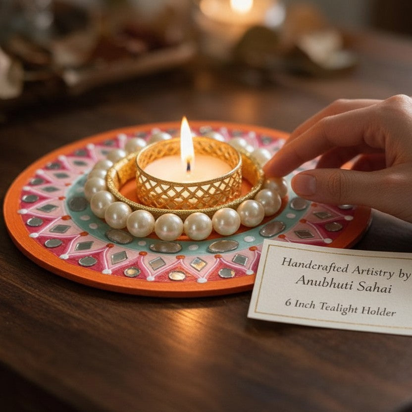 Diwali Tealight Holder Round 6 Inch | Hand-Painted with Mirror Work & Pearl Ring | Festive Home Decor, Diwali Decor, Pooja & Gifting