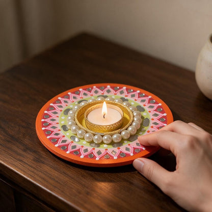 Diwali Tealight Holder Round 6 Inch | Hand-Painted with Mirror Work & Pearl Ring | Festive Home Decor, Diwali Decor, Pooja & Gifting