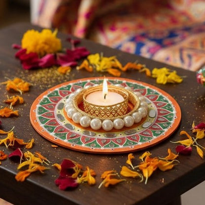 Diwali Tealight Holder Round 6 Inch | Hand-Painted with Mirror Work & Pearl Ring | Festive Home Decor, Diwali Decor, Pooja & Gifting