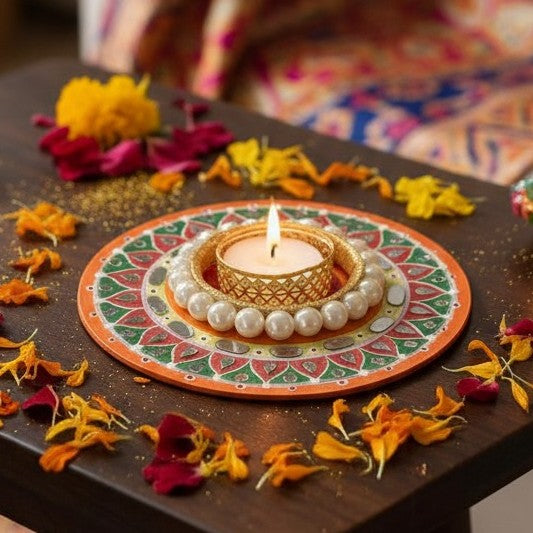 Diwali Tealight Holder Round 6 Inch | Hand-Painted with Mirror Work & Pearl Ring | Festive Home Decor, Diwali Decor, Pooja & Gifting