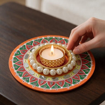Diwali Tealight Holder Round 6 Inch | Hand-Painted with Mirror Work & Pearl Ring | Festive Home Decor, Diwali Decor, Pooja & Gifting