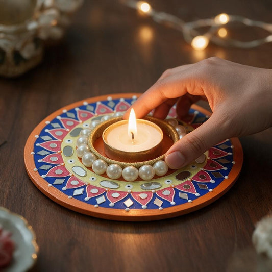 Diwali Tealight Holder Round 6 Inch | Hand-Painted with Mirror Work & Pearl Ring | Festive Home Decor, Diwali Decor, Pooja & Gifting