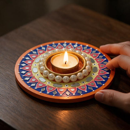 Diwali Tealight Holder Round 6 Inch | Hand-Painted with Mirror Work & Pearl Ring | Festive Home Decor, Diwali Decor, Pooja & Gifting