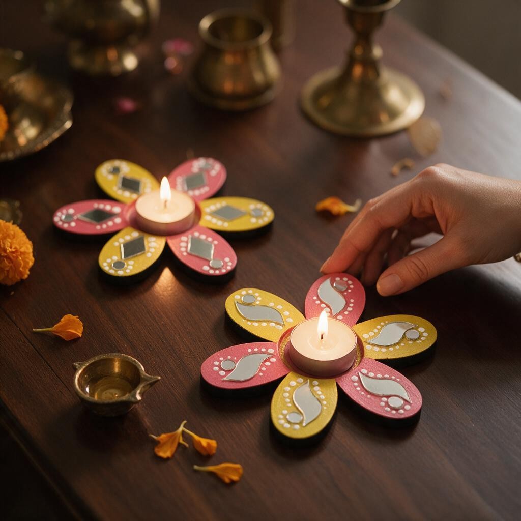 Flower Shaped Hand-painted Tealight Holder with Mirror Work | Diwali Decor | 4 Inch | Design 5 (Set of 2)