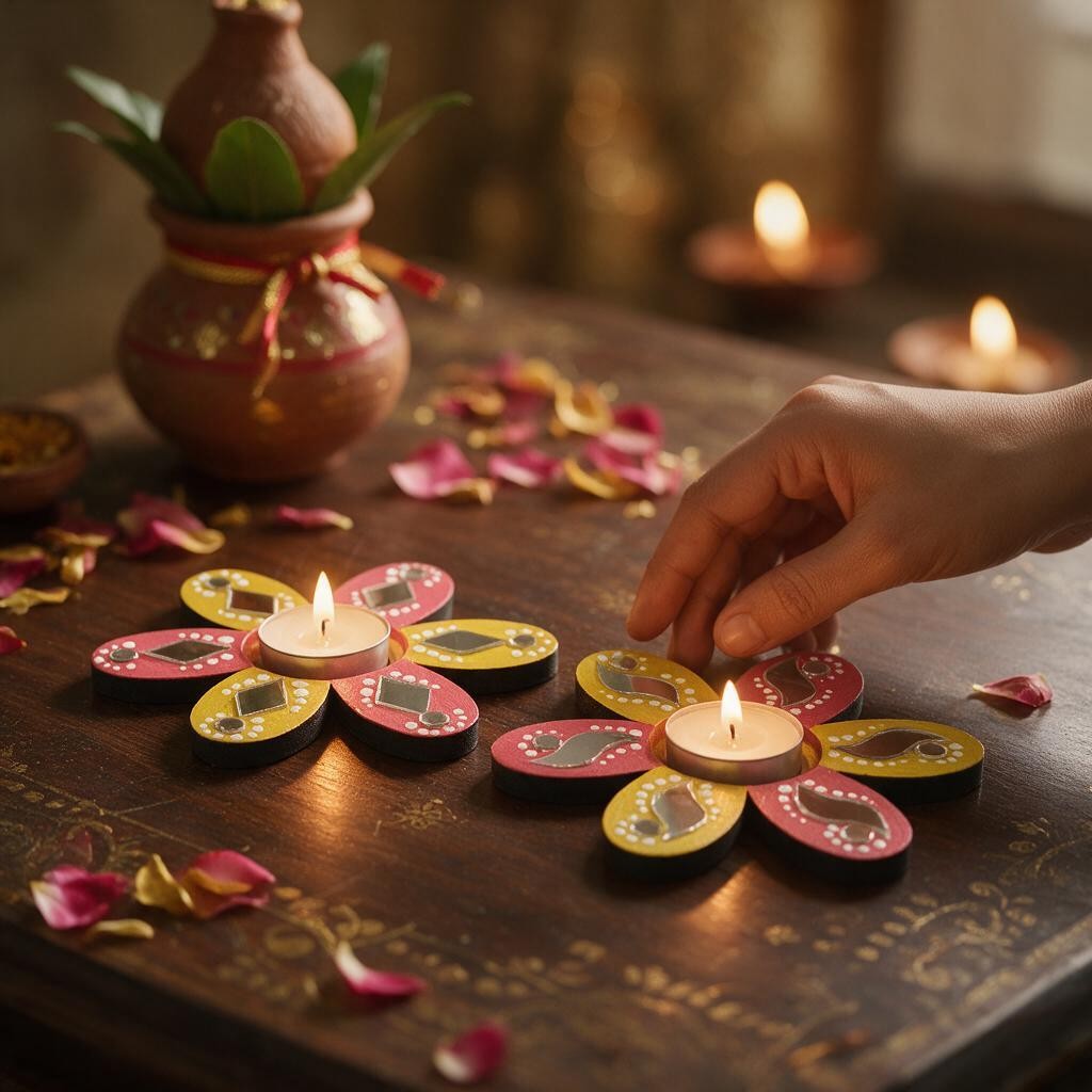 Flower Shaped Hand-painted Tealight Holder with Mirror Work | Diwali Decor | 4 Inch | Design 5 (Set of 2)