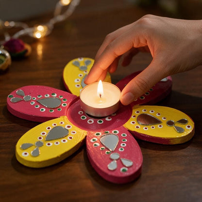 Flower Shaped Tealight Holder - Hand-Painted with Mirror Work, Diwali Decor, Table & Pooja Decoration, Diwali Gift (Set of 2), Orange & Yellow