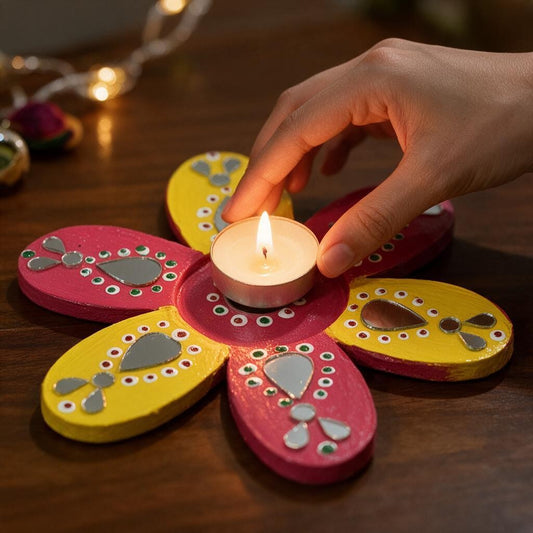 Flower Shaped Tealight Holder - Hand-Painted with Mirror Work, Diwali Decor, Table & Pooja Decoration, Diwali Gift (Set of 2), Orange & Yellow