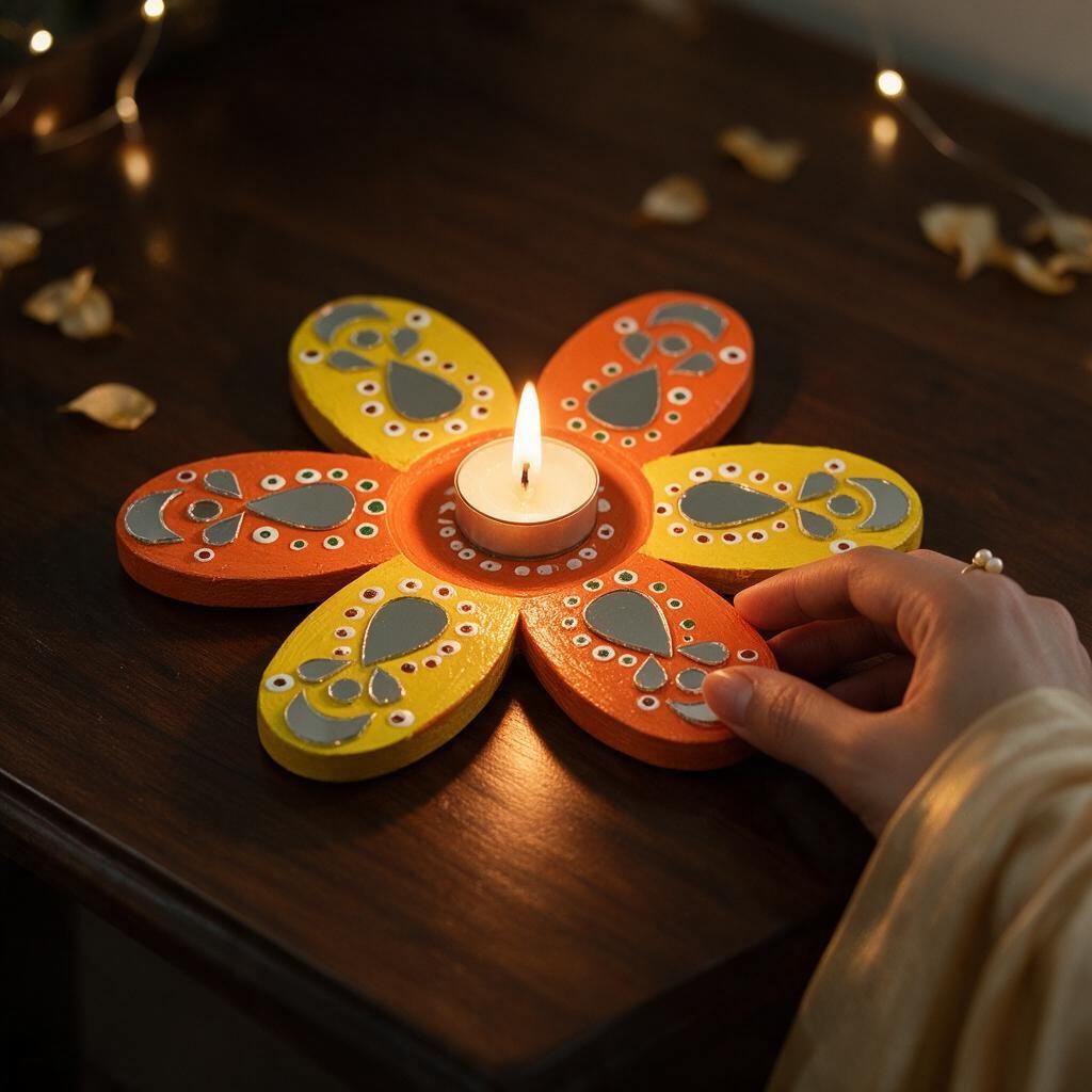 Flower Shaped Tealight Holder - Hand-Painted with Mirror Work, Diwali Decor, Table & Pooja Decoration, Diwali Gift (Set of 2), Orange & Yellow