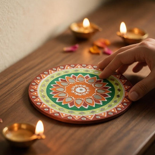 Hand-Painted MDF Tealight Coaster 6 inch with Mirror Work, Diwali Decor, Table & Pooja Decoration, Diwali Gift