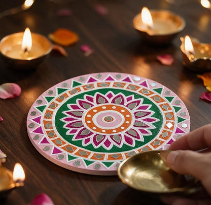 Hand-Painted MDF Tealight Coaster 6 inch with Mirror Work, Diwali Decor, Table & Pooja Decoration, Diwali Gift