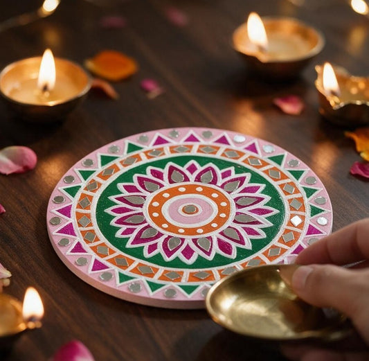 Hand-Painted MDF Tealight Coaster 6 inch with Mirror Work, Diwali Decor, Table & Pooja Decoration, Diwali Gift