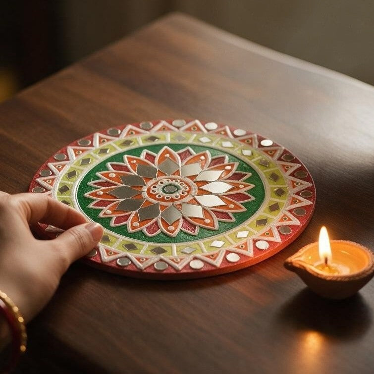 Hand-Painted MDF Tealight Coaster 6 inch with Mirror Work, Diwali Decor, Table & Pooja Decoration, Diwali Gift