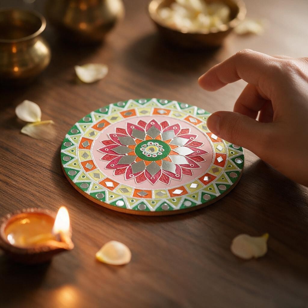 Hand-Painted MDF Tealight Coaster 6 inch with Mirror Work, Diwali Decor, Table & Pooja Decoration, Diwali Gift