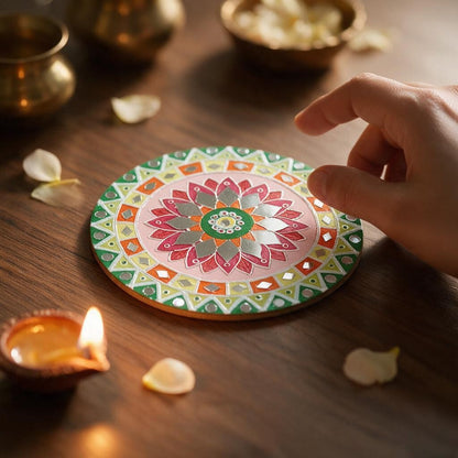 Hand-Painted MDF Tealight Coaster 6 inch with Mirror Work, Diwali Decor, Table & Pooja Decoration, Diwali Gift