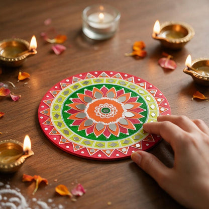 Hand-Painted MDF Tealight Coaster 6 inch with Mirror Work, Diwali Decor, Table & Pooja Decoration, Diwali Gift