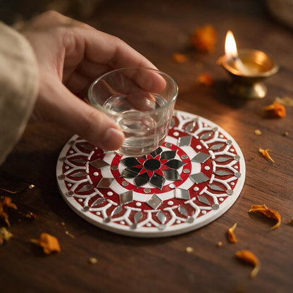 Hand-Painted MDF Tealight Coaster 6 inch with Mirror Work, Diwali Decor, Table & Pooja Decoration, Diwali Gift