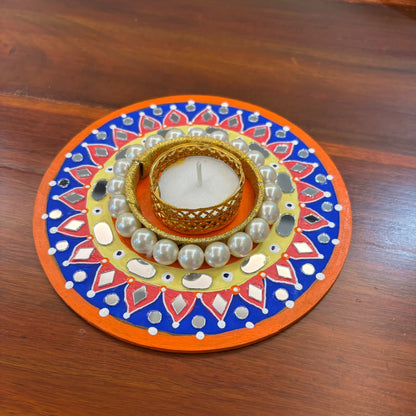 Hand-painted Round Tealight Holder with Mirror Work & Pearl Ring | Diwali Decor | Red & Blue