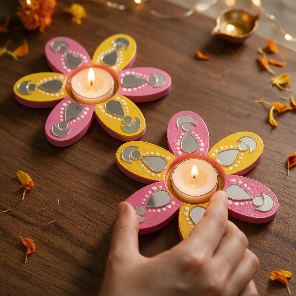 Flower Shaped Hand-painted Tealight Holder with Mirror Work | Diwali Decor | 4 Inch | Design 1 (Set of 2)