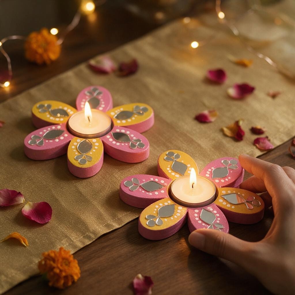 Flower Shaped Hand-painted Tealight Holder with Mirror Work | Diwali Decor | 4 Inch | Design 2 (Set of 2)