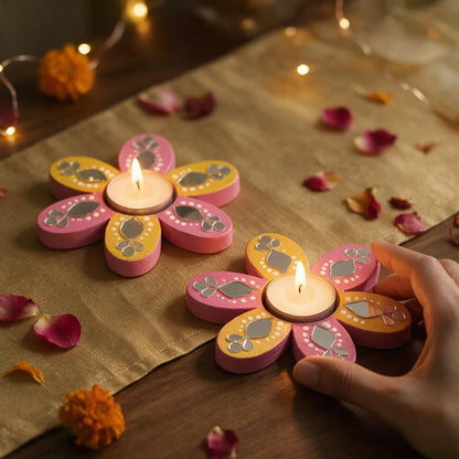Flower Shaped Hand-painted Tealight Holder with Mirror Work | Diwali Decor | 4 Inch | Design 2 (Set of 2)