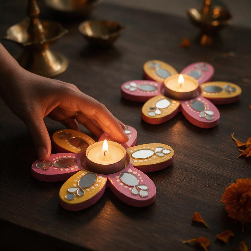 Flower Shaped Hand-painted Tealight Holder with Mirror Work | Diwali Decor | 4 Inch | Design 3 (Set of 2)