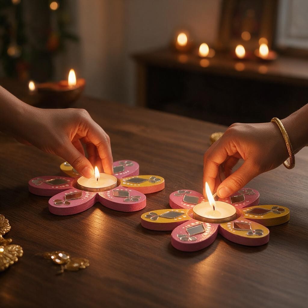 Flower Shaped Hand-painted Tealight Holder with Mirror Work | Diwali Decor | 4 Inch | Design 4 (Set of 2)