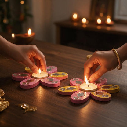 Flower Shaped Hand-painted Tealight Holder with Mirror Work | Diwali Decor | 4 Inch | Design 4 (Set of 2)