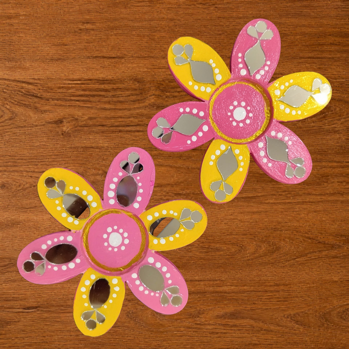 Flower Shaped Hand-painted Tealight Holder with Mirror Work | Diwali Decor | 4 Inch | Design 2 (Set of 2)