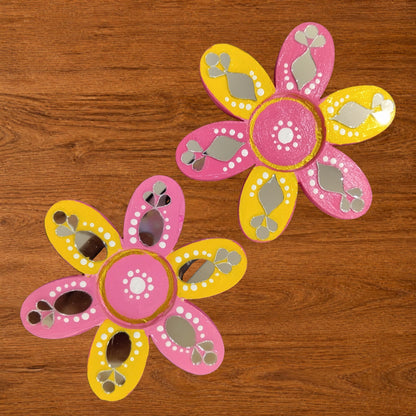 Flower Shaped Hand-painted Tealight Holder with Mirror Work | Diwali Decor | 4 Inch | Design 2 (Set of 2)