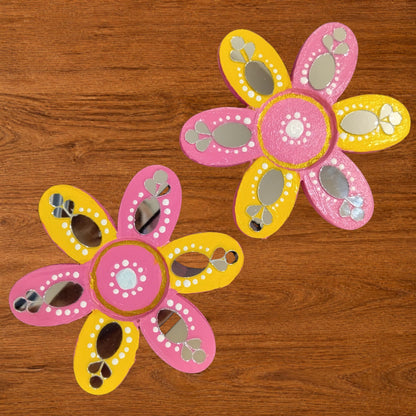 Flower Shaped Hand-painted Tealight Holder with Mirror Work | Diwali Decor | 4 Inch | Design 3 (Set of 2)