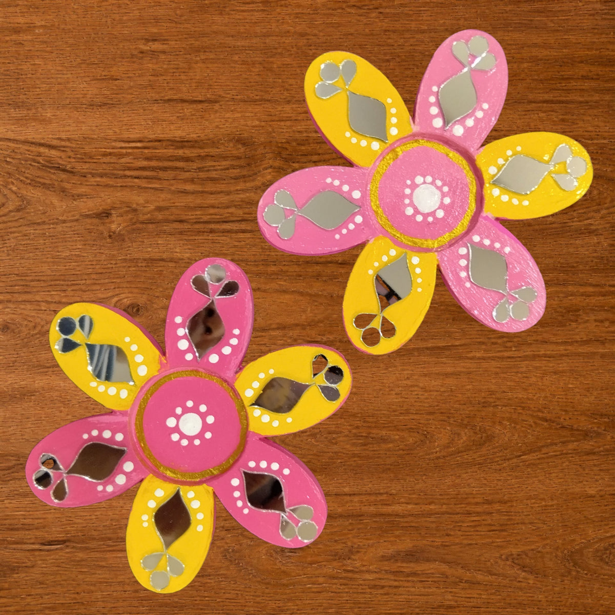 Flower Shaped Hand-painted Tealight Holder with Mirror Work | Diwali Decor | 4 Inch | Design 4 (Set of 2)