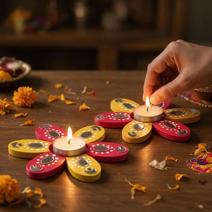 Flower Shaped Hand-painted Tealight Holder with Mirror Work | Diwali Decor | 5 Inch | Design 1 (Set of 2)