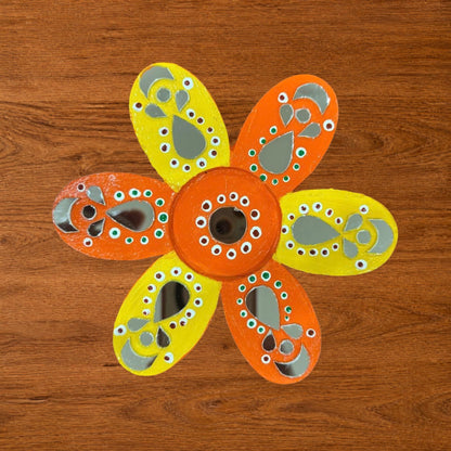 Flower Shaped Tealight Holder - Hand-Painted with Mirror Work, Diwali Decor, Table & Pooja Decoration, Diwali Gift (Set of 2), Orange & Yellow