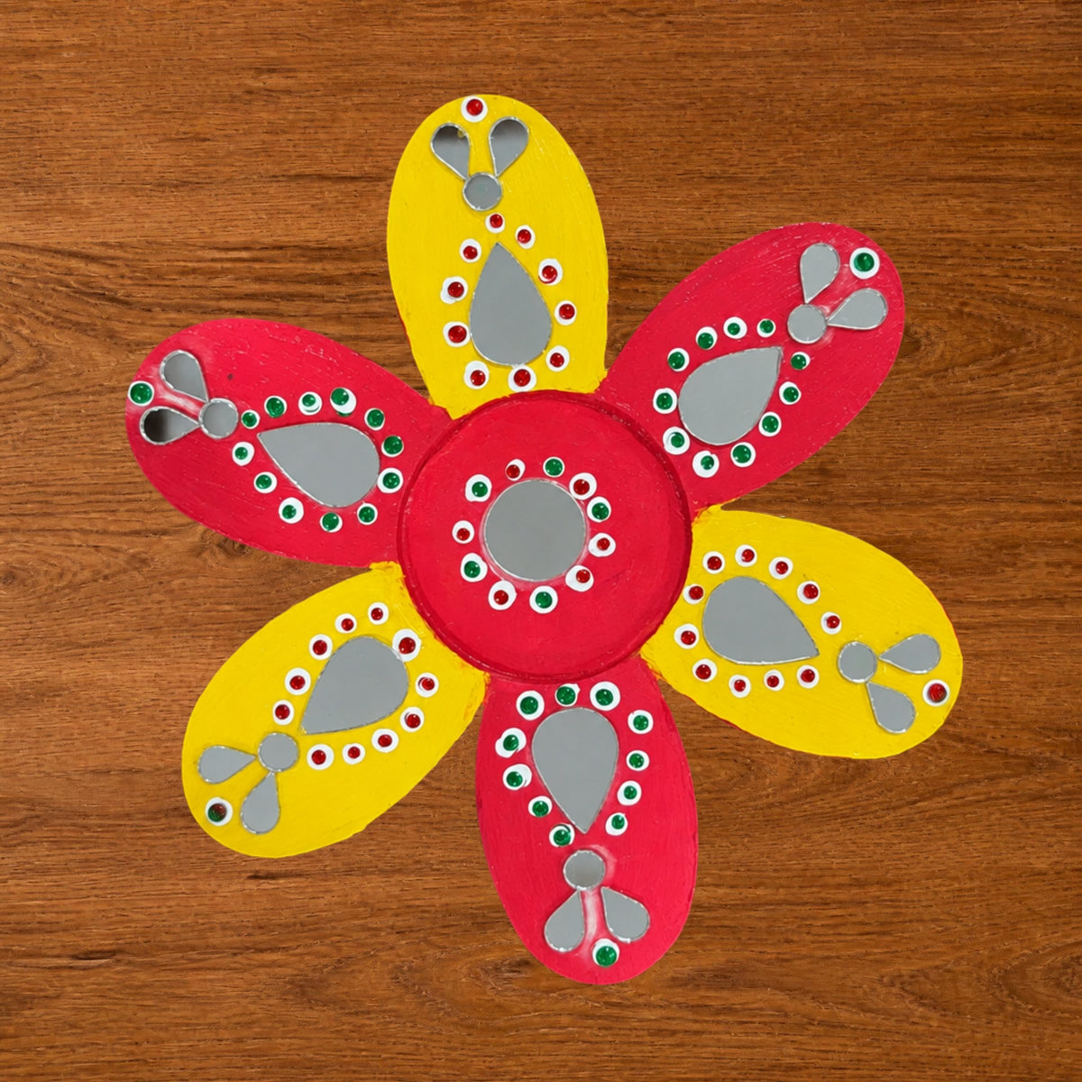 Flower Shaped Tealight Holder - Hand-Painted with Mirror Work, Diwali Decor, Table & Pooja Decoration, Diwali Gift (Set of 2), Orange & Yellow