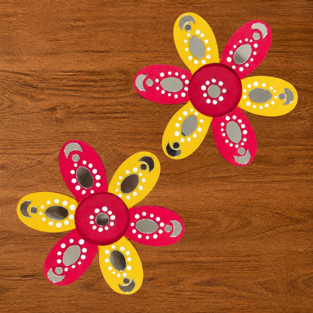 Flower Shaped Hand-painted Tealight Holder with Mirror Work | Diwali Decor | 5 Inch | Design 1 (Set of 2)