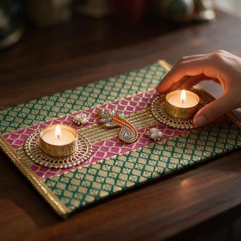 Diwali Decor Tealight Platter 8x12 Inch – Handmade Brocade Zari Tray with 2 Metal Tealight Holders, Festive Home Decor, Table Centerpiece & Diwali Gift