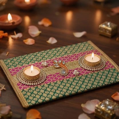 Diwali Decor Tealight Platter 8x12 Inch – Handmade Brocade Zari Tray with 2 Metal Tealight Holders, Festive Home Decor, Table Centerpiece & Diwali Gift
