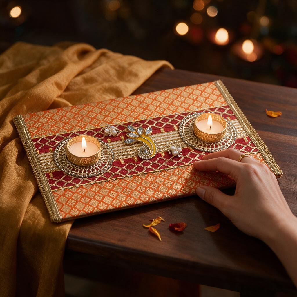 Diwali Decor Tealight Platter 8x12 Inch – Handmade Brocade Zari Tray with 2 Metal Tealight Holders, Festive Home Decor, Table Centerpiece & Diwali Gift