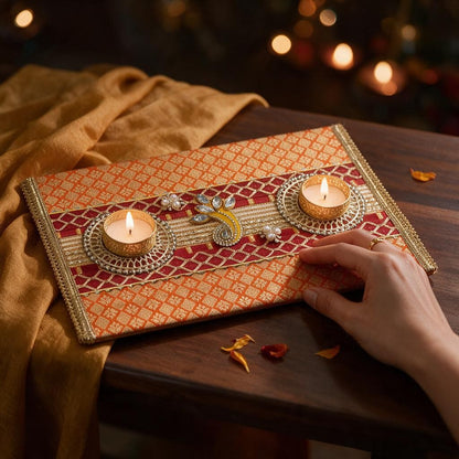 Diwali Decor Tealight Platter 8x12 Inch – Handmade Brocade Zari Tray with 2 Metal Tealight Holders, Festive Home Decor, Table Centerpiece & Diwali Gift